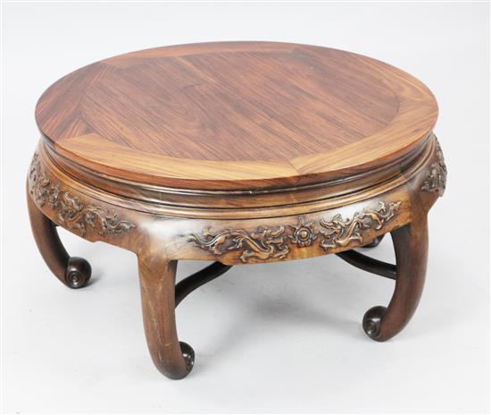 A Chinese rosewood circular low table, early 20th century, diameter 2ft 8.5in.